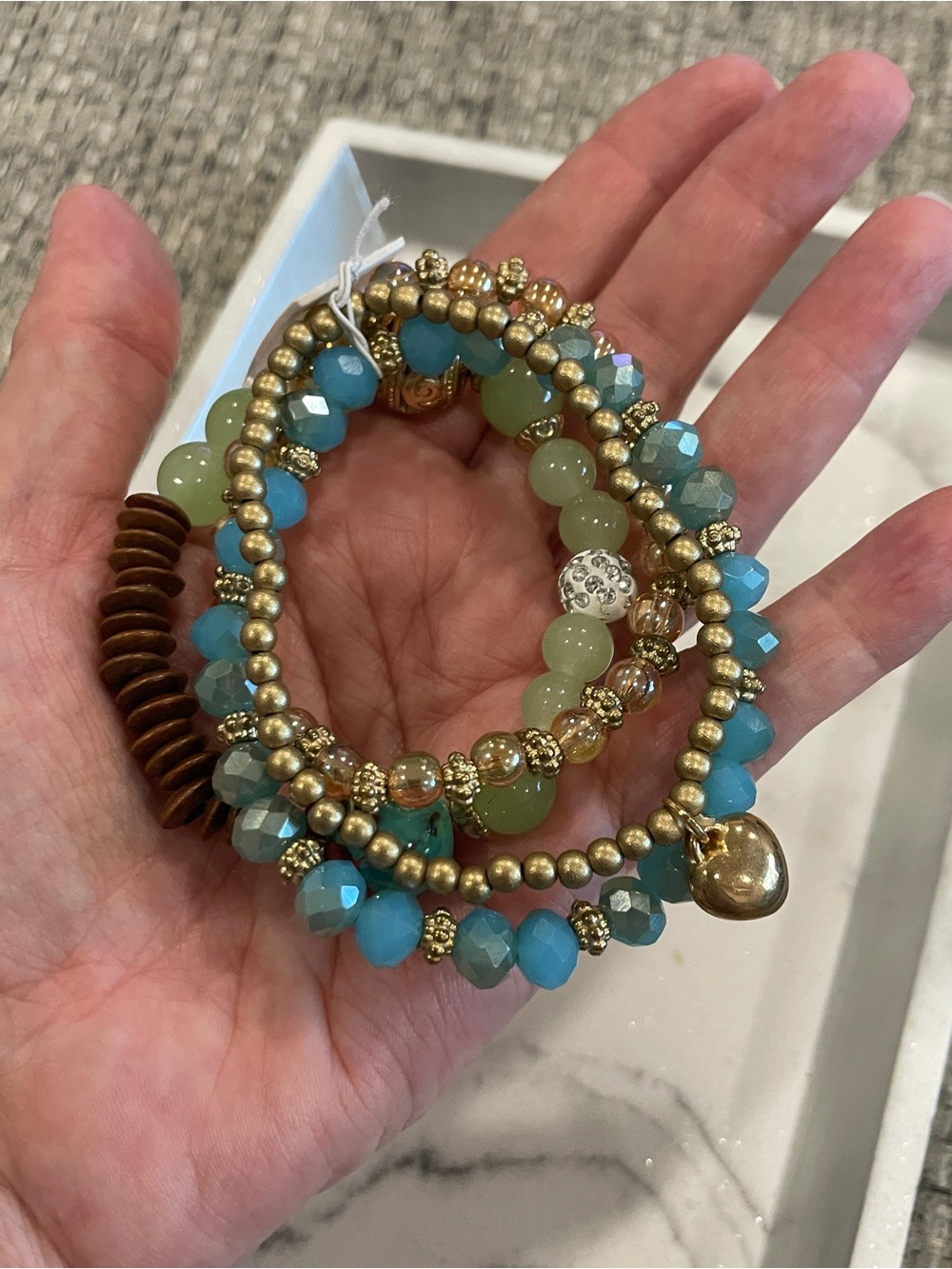Boho Beaded Bracelet Stack Turquoise Stretch Set Green Gold Heart Charm - Picture 4 of 7